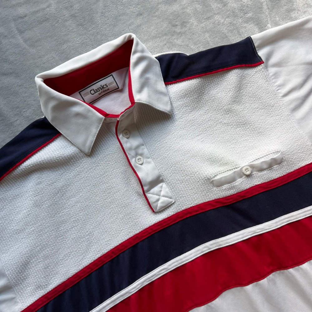 Classics by Palmland Polo Shirt Mens M White Red Blue 6010-149 Textured Vintage
